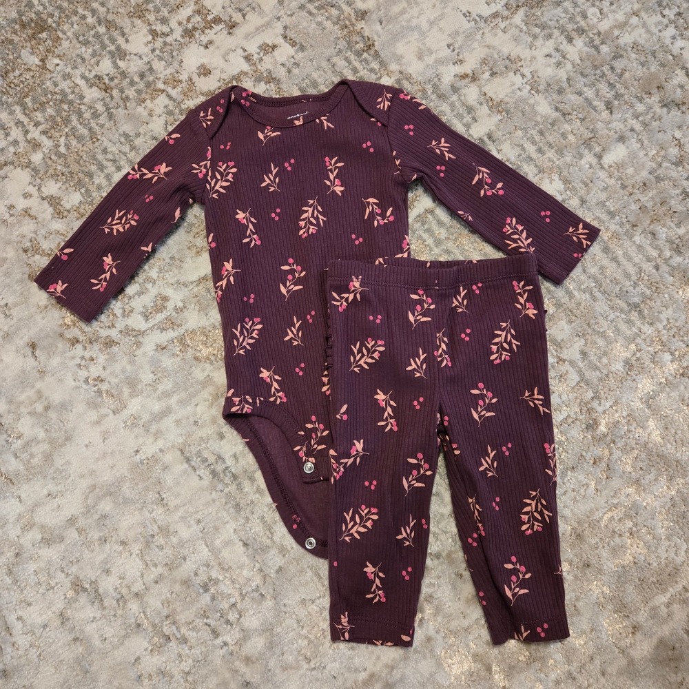 Carters Baby Girls 6M Ribbed Bodysuit and Ruffle Leggings Set Plum Floral Berry